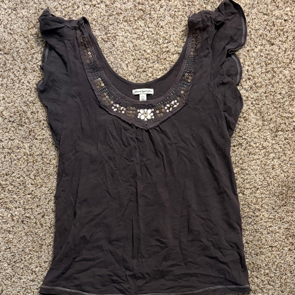 American Eagle Outfitters Black Jeweled Scoop Neck Flutter Sleeve Top